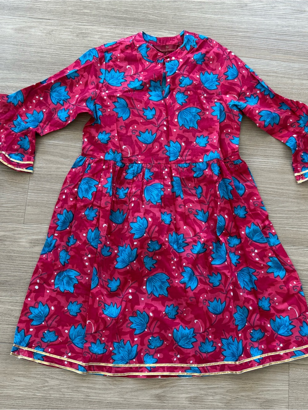 Biba Pink cotton kurta top with Bright Blue Floral Print size 7-8